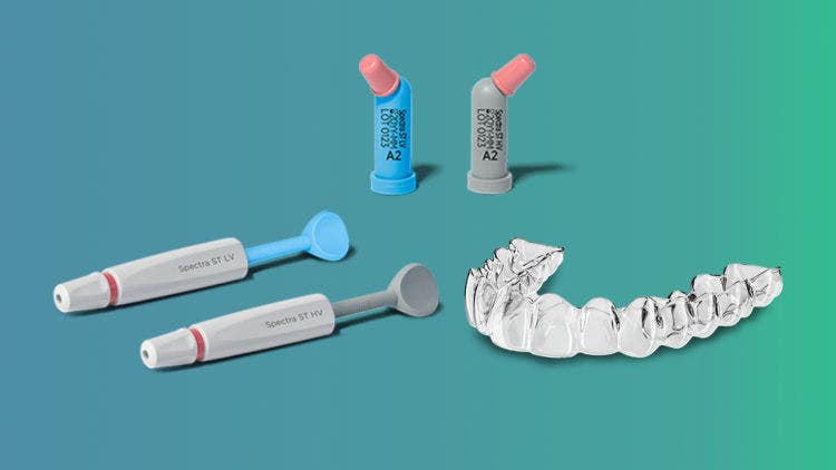 TPH Spectra ST universal composite and tools used to bond attachments for SureSmile Clear Aligners.