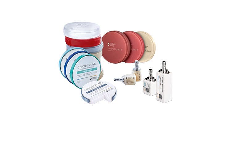Range of CAD/CAM lab materials such as zirconia discs, resin blocks, and accessories for digital workflows.